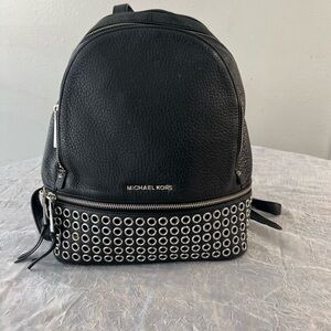 Michael Kors Rhea Backpack Black Pebbled Leather Silver Studded Rivets